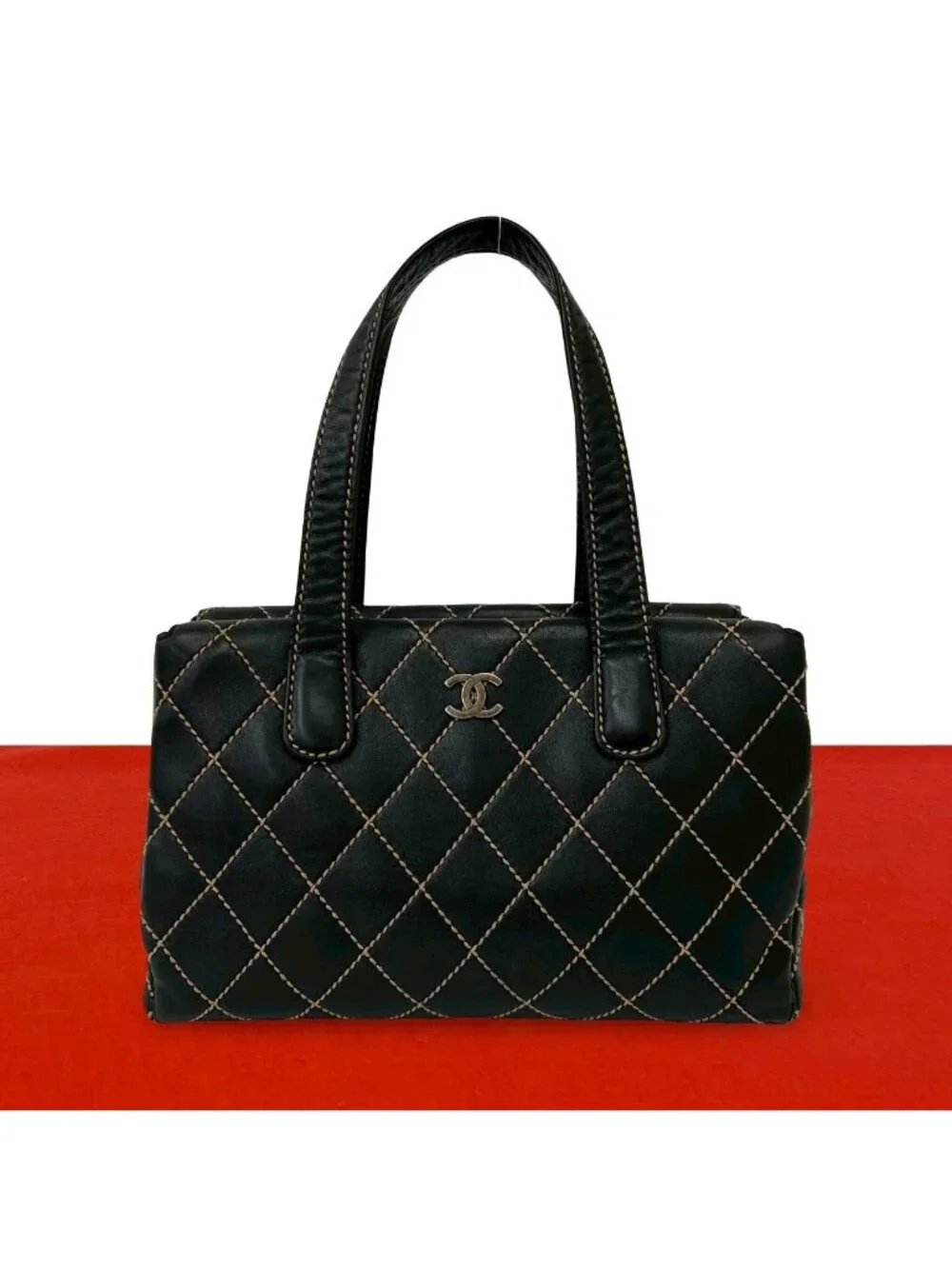 Chanel Quilted CC Logo Wild Stitch Leather Tote Shoulder Bag Black
